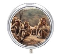 Monkey Sitting on Stone Pill Box Waterproof Portable Medicine Pill Case Moisture Proof Metal Travel Pill Box with 3 Compartment Medicine Case