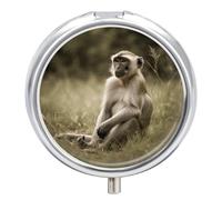 Monkey Sitting Pill Box 3 Compartment Waterproof Pill Case with Mirror Portable for Purse Pocket Daily Medicine Vitamin Organizer Travel Med Container Holder for Fish Oil Supplements