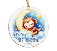 Monkey Sleep On Moon Noel Xmas Tree Hanging Keepsake With Ribbon Hanging Ceramic Crimbo Ornaments