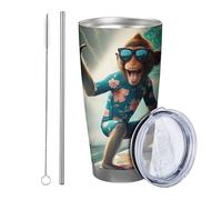Monkey tumbler Set Of 1 Funny Novelty Animals Surfing Nature Mountain Sunglasses Sea blue green Metal Reusable No Spill Shatterproof Yard Outdoor Picnic gym with straw Cold Drinks 20 Ounce