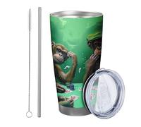 Monkey tumbler Set Of 1 Novelty Funny Animals Play Cards Gambling Butterfly Table Hat green Stainless Insulated Can Cooler Shatterproof Travel Pool Outdoor With Lid drinking cup 20 Ounce