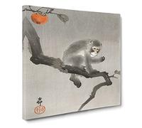 Monkey upon an Orange Tree by Ohara Koson Asian Japanese Canvas Wall Art Print Ready to Hang, Framed Picture for Living Room Bedroom Home Office Décor, 14x14 Inch (35x35 cm)