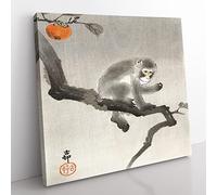 Monkey upon an Orange Tree by Ohara Koson Asian Japanese Canvas Wall Art Print Ready to Hang, Framed Picture for Living Room Bedroom Home Office Décor, 50x50 cm (20x20 Inch)