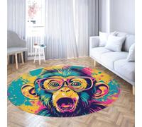 Monkey with Glasses Round Area Rugs 120cm - Colorful Room Rug Mat Washable Non Slip for Living Room Nursery Playroom Inside Home Hotel
