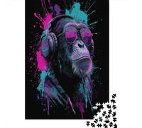 Monkey with Headphones Jigsaw Puzzles. 70x50cm/1000pcs Ink Art Whimsical Challenge Toy for Educational Games Gifts
