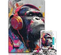 Monkey with Headphones Jigsaw Puzzles for Adults,for Educational Game Challenge Toy for Is Ideal As A Gift for The Whole Family 50x75cm