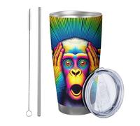Monkey with Lid and Straw Contemporary Illustration Funny Abstract Pink Yellow Blue Stainless Metal Unbreakable Office Outdoor Club Dorm Coffee Shop 20oz