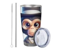 Monkey with Lid and Straw Cup Painting Animals Wear Hat Banana Cute Glasses Funny Gray Yellow Metal Stainless Hot And Cold Unbreakable Office Outdoor Club Dorm Coffee Cup