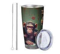Monkey with lid and straw tumbler Animals Gamble Lamp Table Playing Cards Chips Wooden Vintage orange green brown Stainless Shatterproof No Spill Office Outdoor Club Dorm Coffee drinking cup 20 Ounce