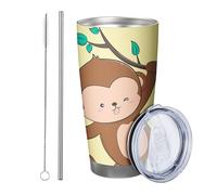 Monkey with lid and straw tumbler Cartoon Cute Pattern Tree Leaves Banana Funny Lovely yellow brown Stainless Metal Hot And Cold Shatterproof Office Outdoor Club Dorm Coffee drinking cup 20 Ounce