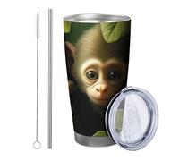 Monkey with lid and straw tumbler Cute Animals Leaves Botanical Plant Funny Novelty Wild Nature green Insulated Metal Can Cooler No Spill School college nursery Stemless Double Wall 20 Ounce