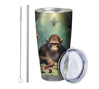 Monkey with lid and straw tumbler Gambling Playing Cards Hat Lamp Candle Table Animals Funny green brown Insulated Metal Can Cooler No Spill School college nursery Stemless Double Wall 20 Ounce