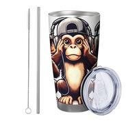 Monkey with lid tumbler Set Of 1 Cute Cartoon Pattern SunGlasses Hat Cool Headset Animals nrown white Insulated Metal Can Cooler No Spill School college nursery Stemless Double Wall 20 Ounce