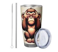 Monkey with lid tumbler Set Of 1 Lovely Animals Cover Ear Eye Mouth Funny Novelty Cartoon brown yellow Stainless Metal Hot And Cold Shatterproof Office Outdoor Club Dorm Coffee drinking cup 20 Ounce