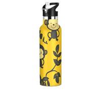 Monkey Yellow Cartoon Black Leakproof BPA Free Reusable Water Bottle 20 Oz with Handle Hot & Cold Double Walled for School and Outdoor Sports