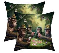 Monkey Zipper Throw Pillow Covers Tropical Rainforest Plant Leaves Animals Chips Gamble Playing Cards Green Velvet Comfortable Decorative Couch Bedroom Apartment Cushion Covers Set of 2 16x16inch