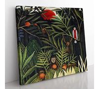Monkeys And Parrot In The Virgin Forest by Henri Rousseau Classic Painting Canvas Wall Art Print Ready to Hang, Framed Picture for Living Room Bedroom Home Office Décor, 35x35 cm (14x14 Inch)