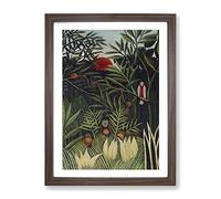 Monkeys And Parrot In The Virgin Forest By Henri Rousseau Classic Painting Framed Wall Art Print, Ready to Hang Picture for Living Room Bedroom Home Office Décor, Walnut A4 (34 x 25 cm)