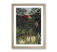 Monkeys And Parrot In The Virgin Forest By Henri Rousseau Classic Painting Framed Wall Art Print, Ready to Hang Picture for Living Room Bedroom Home Office Décor, Oak A4 (34 x 25 cm)