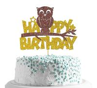 MonMon & Craft Happy Birthday Owl Cake Topper/Animal Owl Cake Decor/Baby Shower/Children Birthday Party Decorations - Gold Gliter r (Owl)