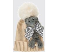 MONNALISA Girl's Wool-Blend Beanie with Teddy Bear Print and Pompom - Size: M - unisex