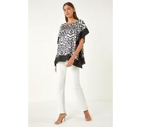 Roman Originals Mono Printed Tunic Top for Women UK - Ladies Everyday Holiday Spring Summer Round Neckline Comfy Soft Evening Vacation Work Party - Black - Size 14