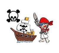 Mono-Quick Pirate Ship Iron-on Patch Set for Kids with Caribbean Treasure Vintage Authentic, Velcro Patches Clothing Jeans Denim Birthday Gift