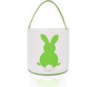 MONOBLANKS Easter Bunny Basket Bags for Kids Canvas Cotton Carrying Gift and Eggs Hunt Bag，Fluffy Tails Printed Rabbit Canvas Toys Bucket Tote (Green)