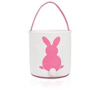 MONOBLANKS Easter Bunny Basket Bags for Kids Canvas Cotton Carrying Gift and Eggs Hunt Bag,Fluffy Tails Printed Rabbit Canvas Toys Bucket Tote (Pink)