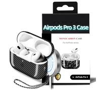 MONOCARBON Real Carbon Fiber Case for AirPods Pro 3, Slim Protective Hard Cover with Lanyard, Compatible with MagSafe, Scratch-Resistant & Drop-Proof-Twill Glossy Black