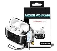 MONOCARBON Real Forged Carbon Fiber Case for AirPods Pro 3, Slim Protective Hard Cover with Lanyard, Compatible with MagSafe, Scratch-Resistant & Drop-Proof-Forged Glossy Black