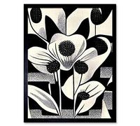 Monochrome Black White Abstract Retro Flower Pattern Art Print Framed Poster Wall Decor 12x16 inch