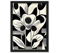 Monochrome Black White Abstract Retro Flower Pattern Artwork Framed Wall Art Print A4 Artery8 Black One Size
