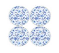 Monochrome Blue Flowers Coaster Set - Round Glass Floral Design Gift - Set of Four (4) Drinks Coasters