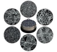 Monochrome Geometric Felt Coasters Set of 6, Round Absorbent Drink Coasters, Non-Slip Cork Backing, Removable Holder