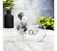 Monochrome Happy 100th Birthday Present Heart Plaque Keepsake Gift - Small Gifts For Him For Her, Present, Acrylic Plaque, Unqiue Gift, Ornament, Décor, Plaque, trinket, Keepsake Gift