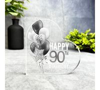 Monochrome Happy 90th Birthday Present Heart Plaque Keepsake Gift - Small Gifts For Him For Her, Present, Acrylic Plaque, Unqiue Gift, Ornament, Décor, Plaque, trinket, Keepsake Gift