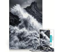Monochrome Ocean Wave Crashing on Rocks Jigsaw Puzzle 1000 Piece for Teenagers Recall Enhancer Creative Craft Pattern Build Birthday Idea (38x52cm)