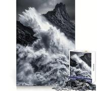 Monochrome Ocean Wave Crashing on Rocks Jigsaw Puzzle 1000 Piece for Teenagers Recall Enhancer Creative Craft Pattern Build Birthday Idea (38x52cm)