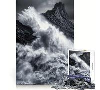 Monochrome Ocean Wave Crashing on Rocks Jigsaws 1000 Pieces for Adults Sharp Brain Perfect Connection Family Bond Art Work (38x26cm)