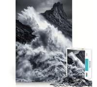 Monochrome Ocean Wave Crashing on Rocks Jigsaws 1000 Pieces for Adults Sharp Brain Perfect Connection Family Bond Art Work (38x26cm)