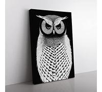Monochrome Owl No.6 Canvas Wall Art Print Ready to Hang, Framed Picture for Living Room Bedroom Home Office Décor, 60x40 cm (24x16 Inch)