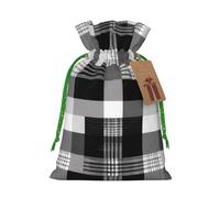 Monochrome Plaid Printed Christmas Drawstring Bags,M | Reusable Xmas Gift Storage Bags, Green Christmas Ribbon
