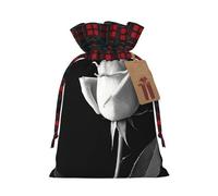 Monochrome Rose Print Christmas Drawstring Linen Gift Bags Reusable Fabric Bags With Tags For Christmas Gifts