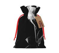 Monochrome Rose Printed Christmas Drawstring Bags with Red Ribbon - Reusable Burlap Drawstring Gift Pouches, M