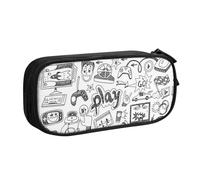 Monochrome Sketch Style Gaming Large Capacity Double Layer Pencil Case,Customizable Full Print Polyester Fabric Organizer-School, Office, Travel Makeup Pouch