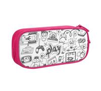 Monochrome Sketch Style Gaming Large Capacity Double Layer Pencil Case,Customizable Full Print Polyester Fabric Organizer-School, Office, Travel Makeup Pouch