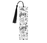 Monochrome Sketch Style Gaming Print 5pcs Wooden Bookmarks with Tassels, Reading Page Markers Book Marks, Gifts for Men Women