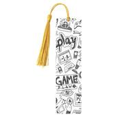 Monochrome Sketch Style Gaming Print 5pcs Wooden Bookmarks with Tassels, Reading Page Markers Book Marks, Gifts for Men Women