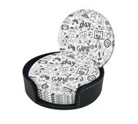 Monochrome Sketch Style Gaming Print Chic Round Leather Coasters â€“ Set Of 6 Full-Print Coasters In A Premium Pu Leather Storage Box
